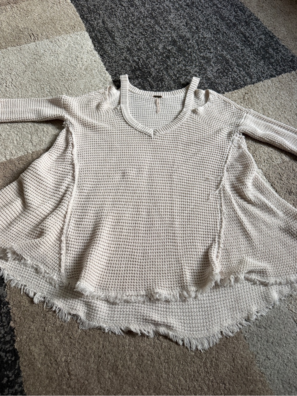 Free People Waffle Knit Cold Shoulder Distressed Ivory Small Pullover Sweater